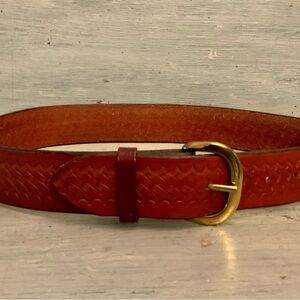 Longhorn Embossed Weave Pattern Brown Leather Belt w/ Gold Buckle 29”-33” LN